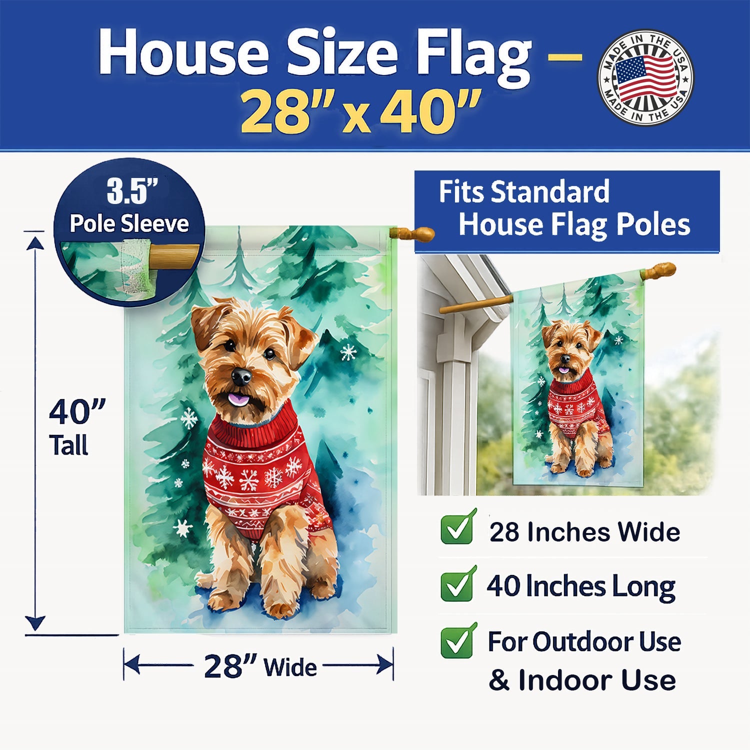 Norfolk Terrier Christmas House Flag 28x40 Porch Sleeve Pole Decorative Outside Yard Banner Artwork Wall Hanging, Polyester