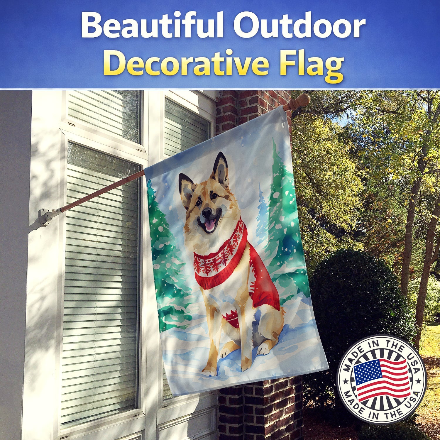 Norwegian Buhund Christmas House Flag 28x40 Porch Sleeve Pole Decorative Outside Yard Banner Artwork Wall Hanging, Polyester