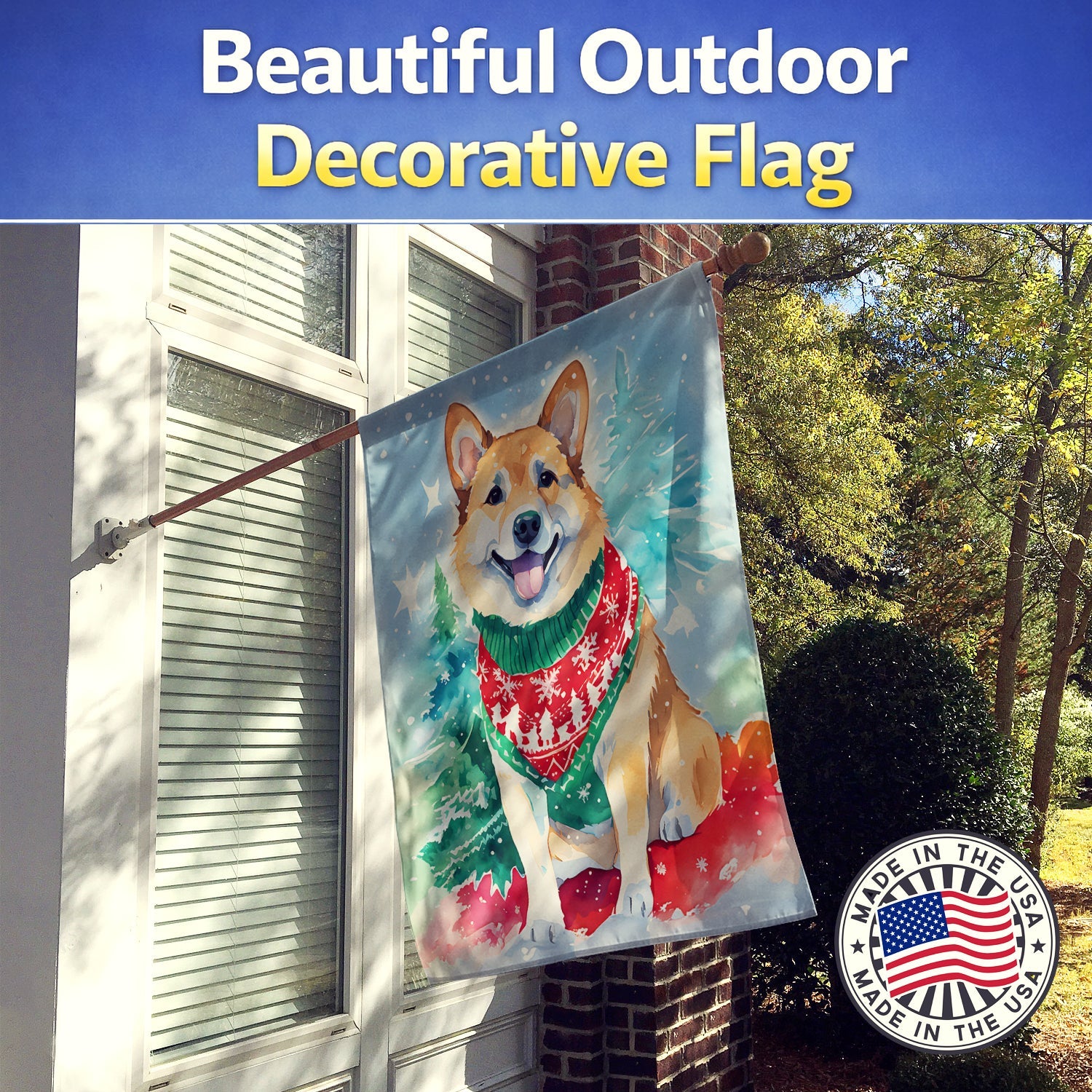 Norwegian Buhund Christmas House Flag 28x40 Porch Sleeve Pole Decorative Outside Yard Banner Artwork Wall Hanging, Polyester
