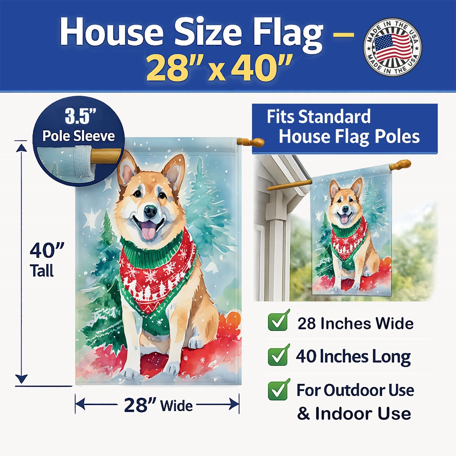 Norwegian Buhund Christmas House Flag 28x40 Porch Sleeve Pole Decorative Outside Yard Banner Artwork Wall Hanging, Polyester