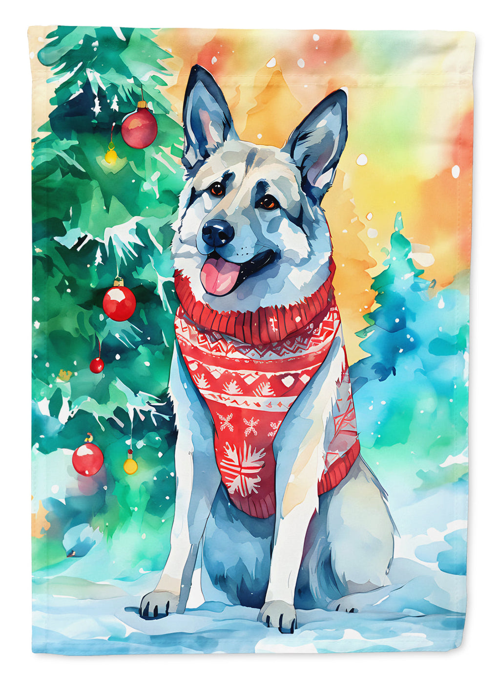 Norwegian Elkhound Christmas House Flag 28x40 Porch Sleeve Pole Decorative Outside Yard Banner Artwork Wall Hanging, Polyester