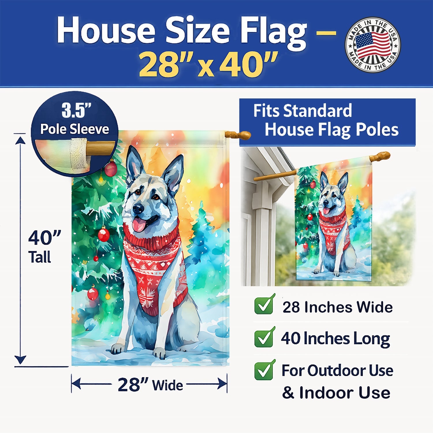 Norwegian Elkhound Christmas House Flag 28x40 Porch Sleeve Pole Decorative Outside Yard Banner Artwork Wall Hanging, Polyester