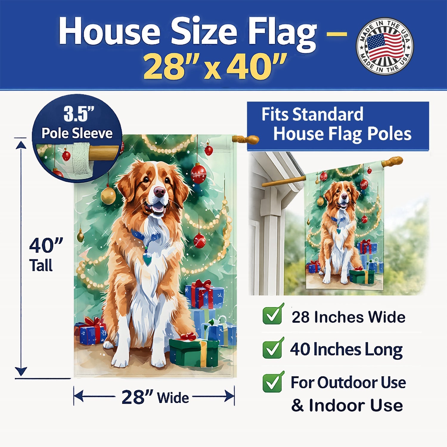 Nova Scotia Duck Toller Christmas House Flag 28x40 Porch Sleeve Pole Decorative Outside Yard Banner Artwork Wall Hanging, Polyester