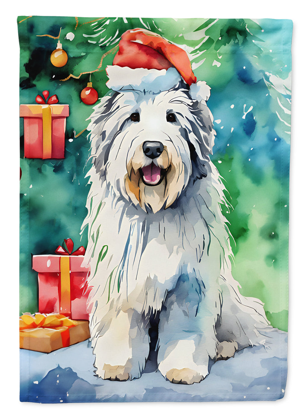 Old English Sheepdog Christmas House Flag 28x40 Porch Sleeve Pole Decorative Outside Yard Banner Artwork Wall Hanging, Polyester