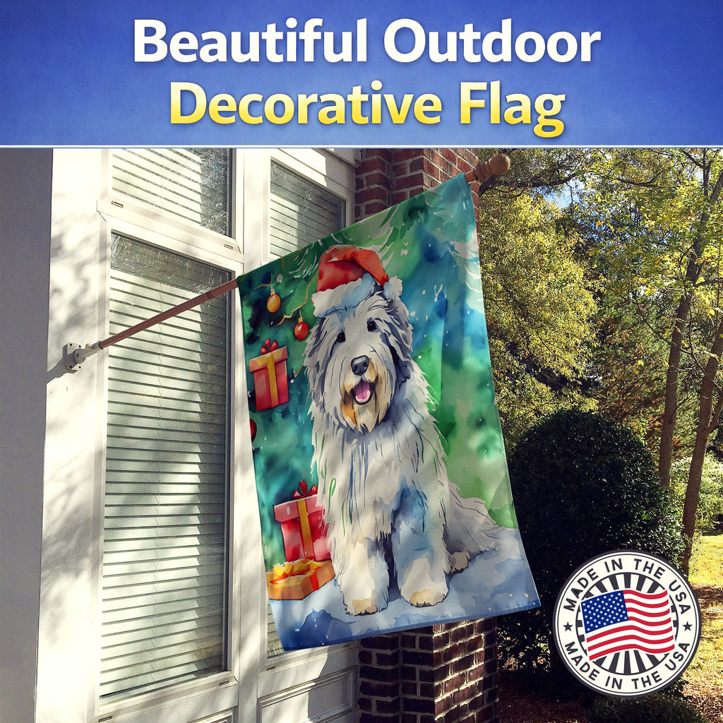 Old English Sheepdog Christmas House Flag 28x40 Porch Sleeve Pole Decorative Outside Yard Banner Artwork Wall Hanging, Polyester