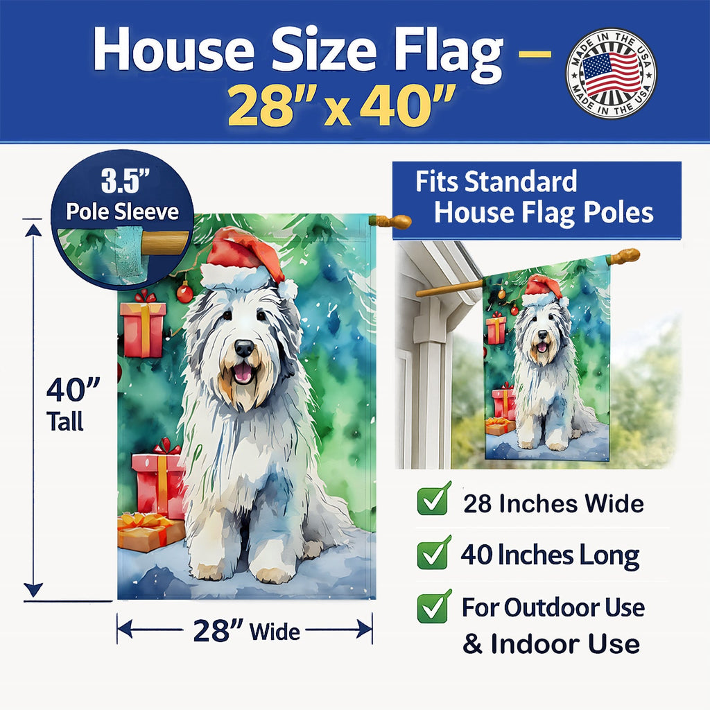 Old English Sheepdog Christmas House Flag 28x40 Porch Sleeve Pole Decorative Outside Yard Banner Artwork Wall Hanging, Polyester