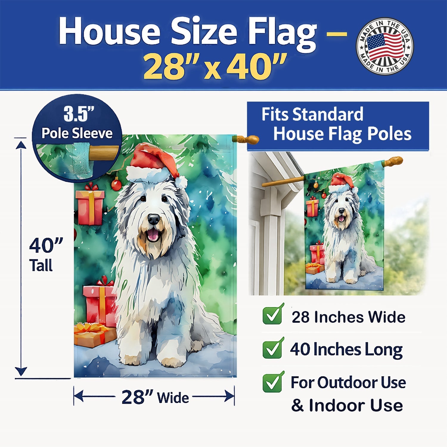 Old English Sheepdog Christmas House Flag 28x40 Porch Sleeve Pole Decorative Outside Yard Banner Artwork Wall Hanging, Polyester
