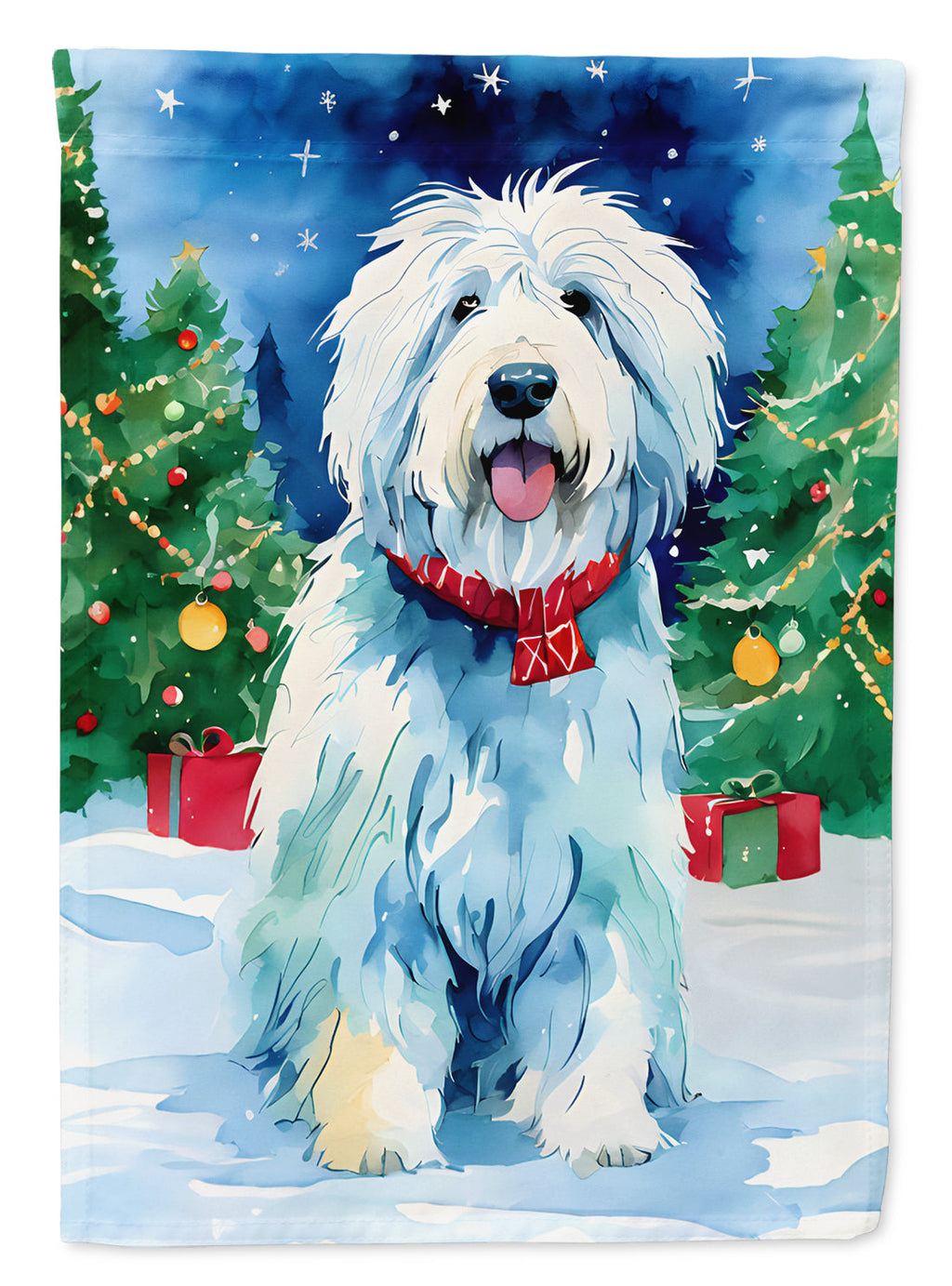 Old English Sheepdog Christmas House Flag 28x40 Porch Sleeve Pole Decorative Outside Yard Banner Artwork Wall Hanging, Polyester