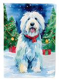 Old English Sheepdog Christmas House Flag 28x40 Porch Sleeve Pole Decorative Outside Yard Banner Artwork Wall Hanging, Polyester