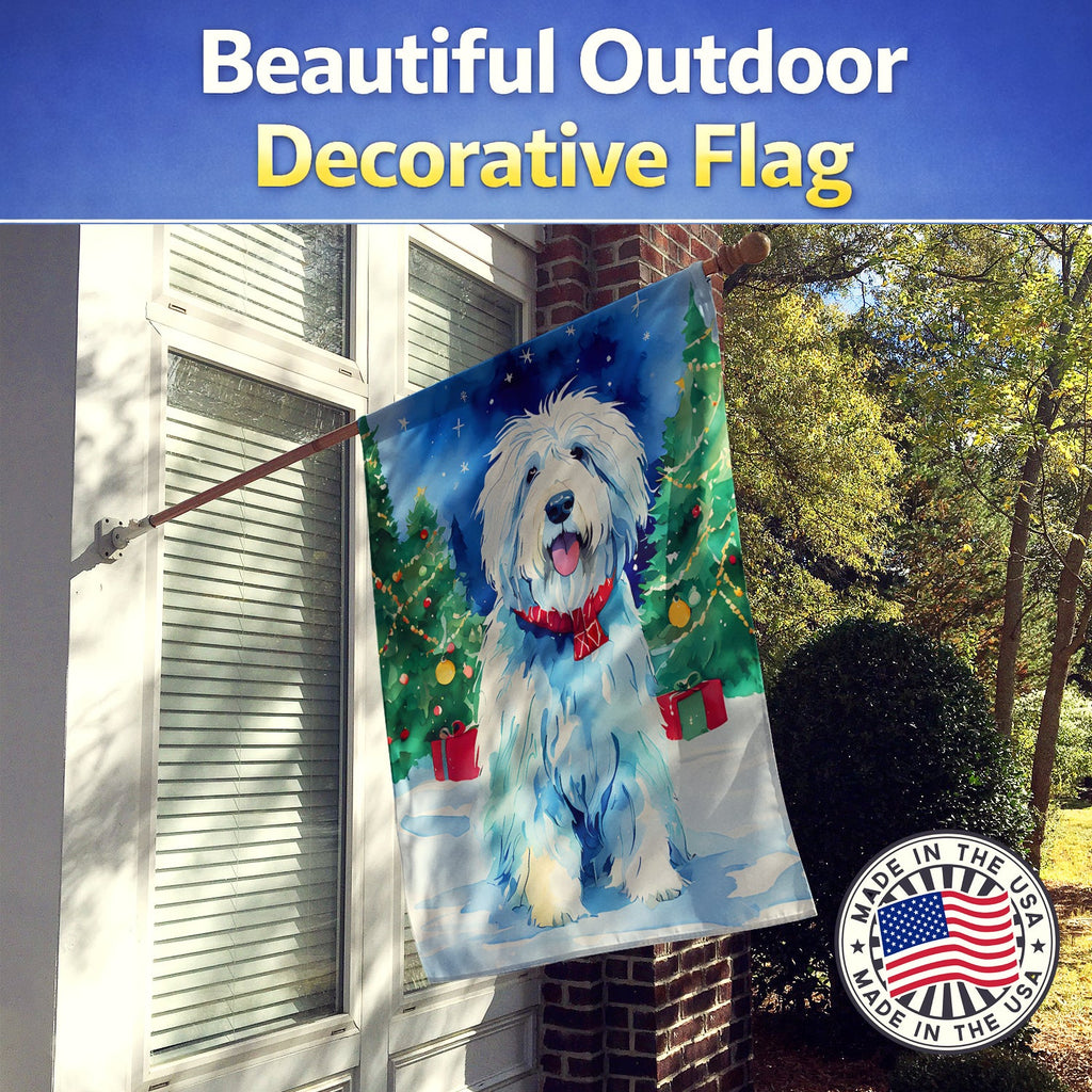 Old English Sheepdog Christmas House Flag 28x40 Porch Sleeve Pole Decorative Outside Yard Banner Artwork Wall Hanging, Polyester