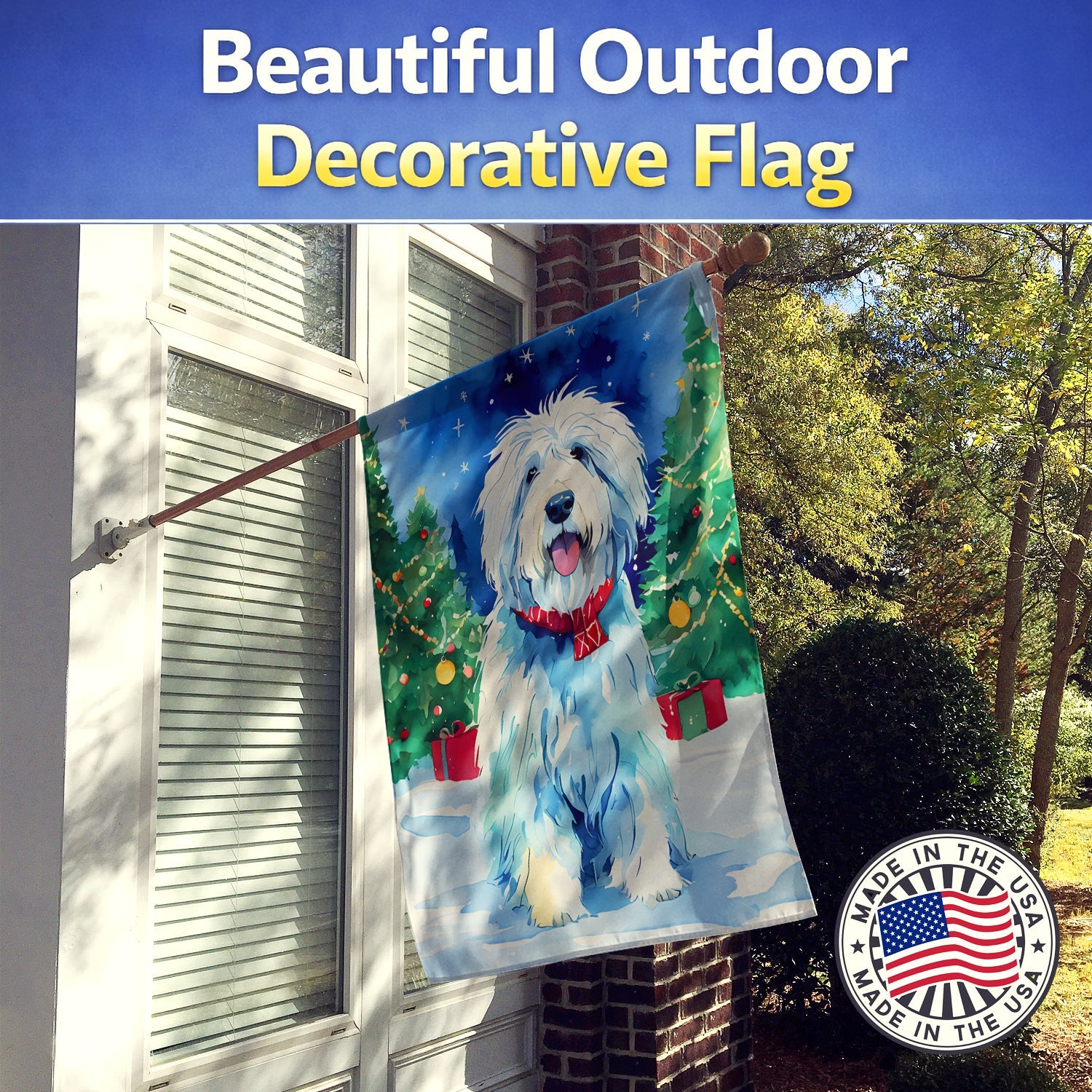 Old English Sheepdog Christmas House Flag 28x40 Porch Sleeve Pole Decorative Outside Yard Banner Artwork Wall Hanging, Polyester