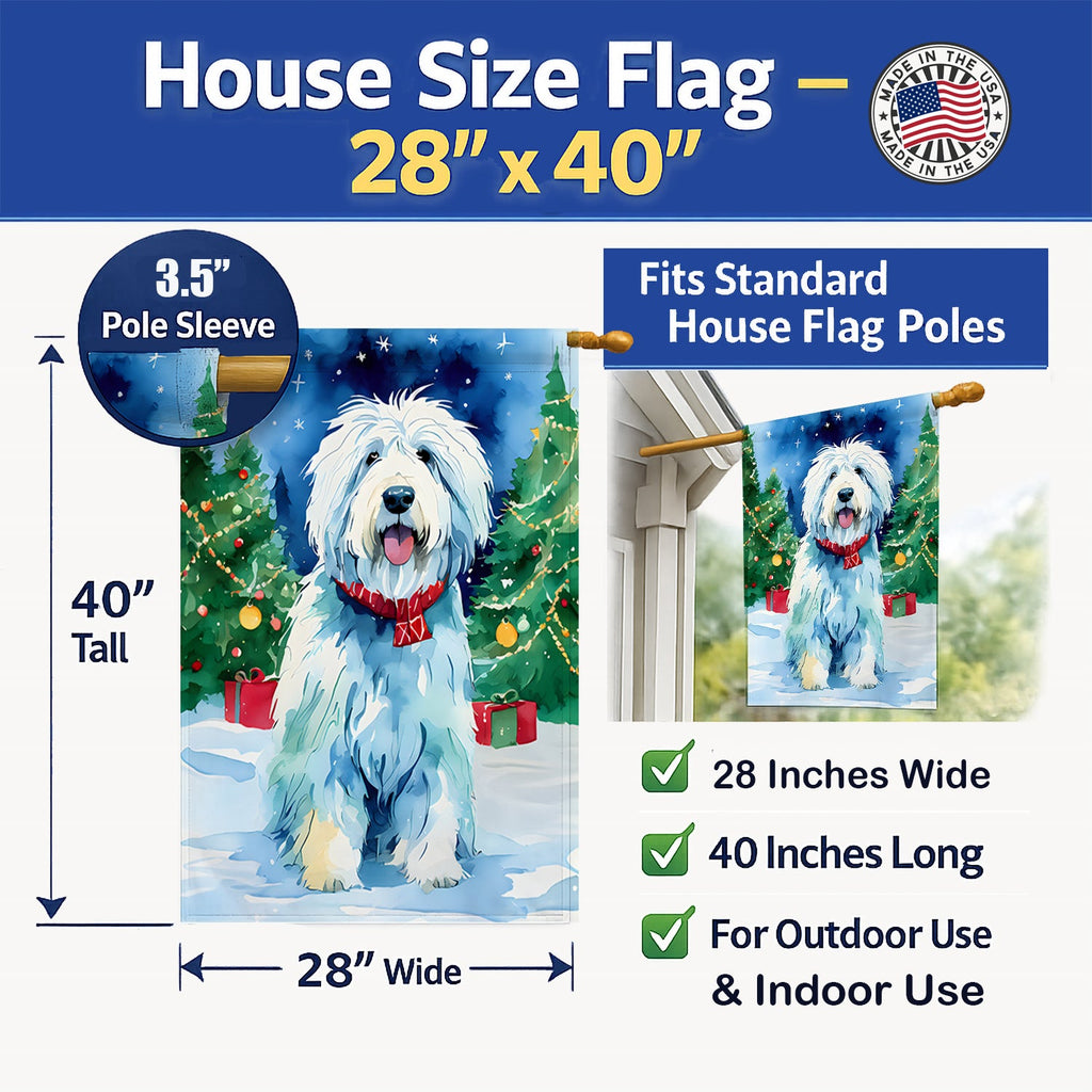 Old English Sheepdog Christmas House Flag 28x40 Porch Sleeve Pole Decorative Outside Yard Banner Artwork Wall Hanging, Polyester