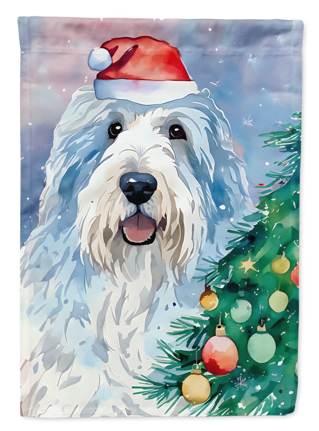 Old English Sheepdog Christmas House Flag 28x40 Porch Sleeve Pole Decorative Outside Yard Banner Artwork Wall Hanging, Polyester