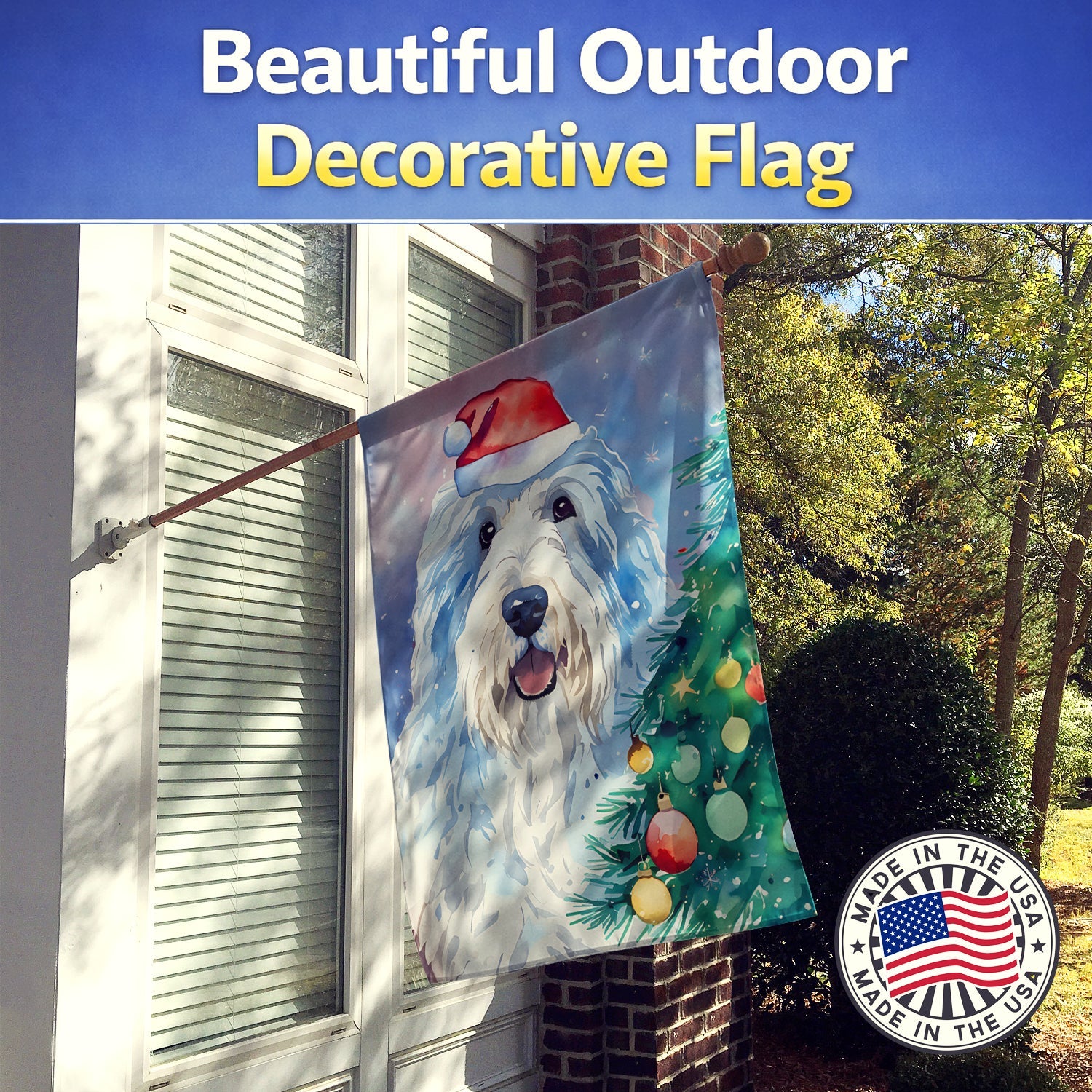 Old English Sheepdog Christmas House Flag 28x40 Porch Sleeve Pole Decorative Outside Yard Banner Artwork Wall Hanging, Polyester