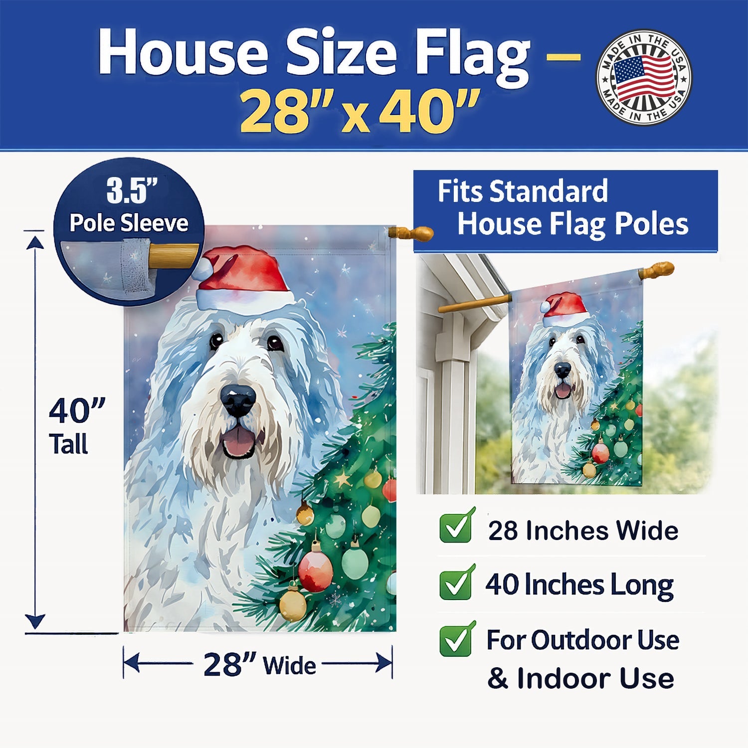 Old English Sheepdog Christmas House Flag 28x40 Porch Sleeve Pole Decorative Outside Yard Banner Artwork Wall Hanging, Polyester