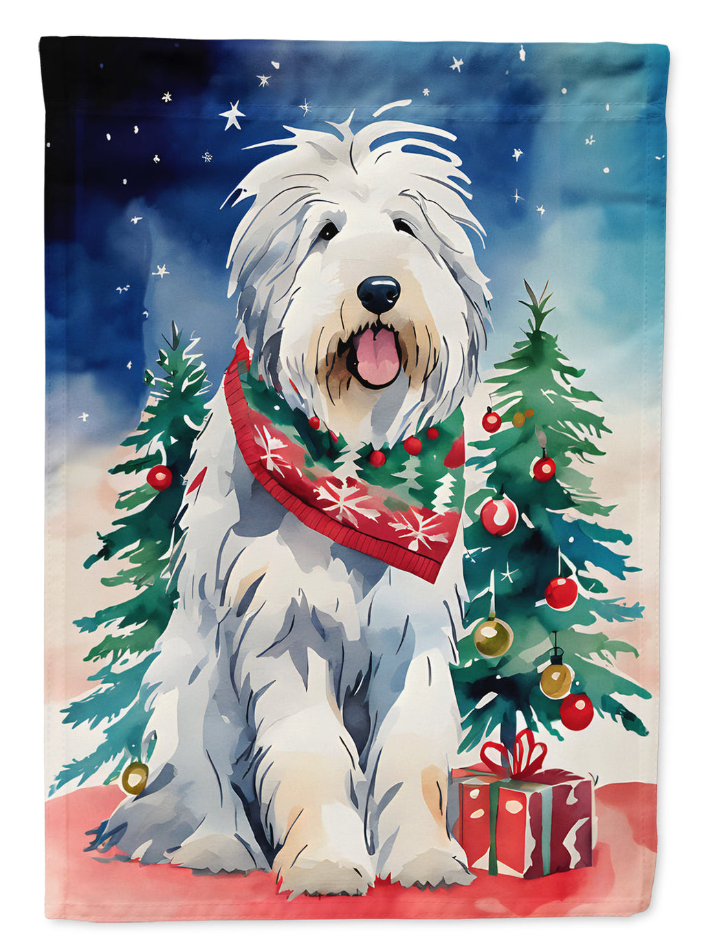 Old English Sheepdog Christmas House Flag 28x40 Porch Sleeve Pole Decorative Outside Yard Banner Artwork Wall Hanging, Polyester