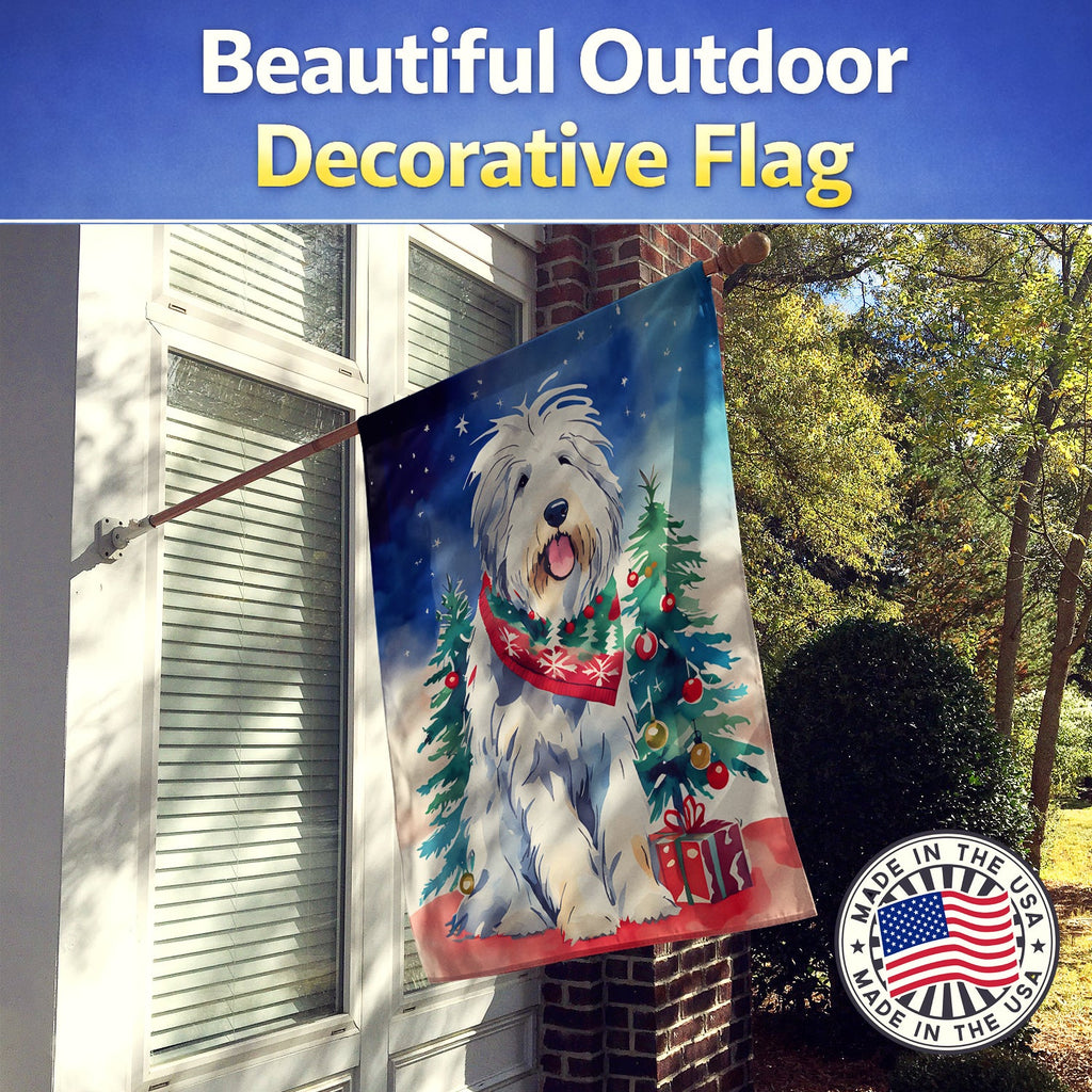 Old English Sheepdog Christmas House Flag 28x40 Porch Sleeve Pole Decorative Outside Yard Banner Artwork Wall Hanging, Polyester
