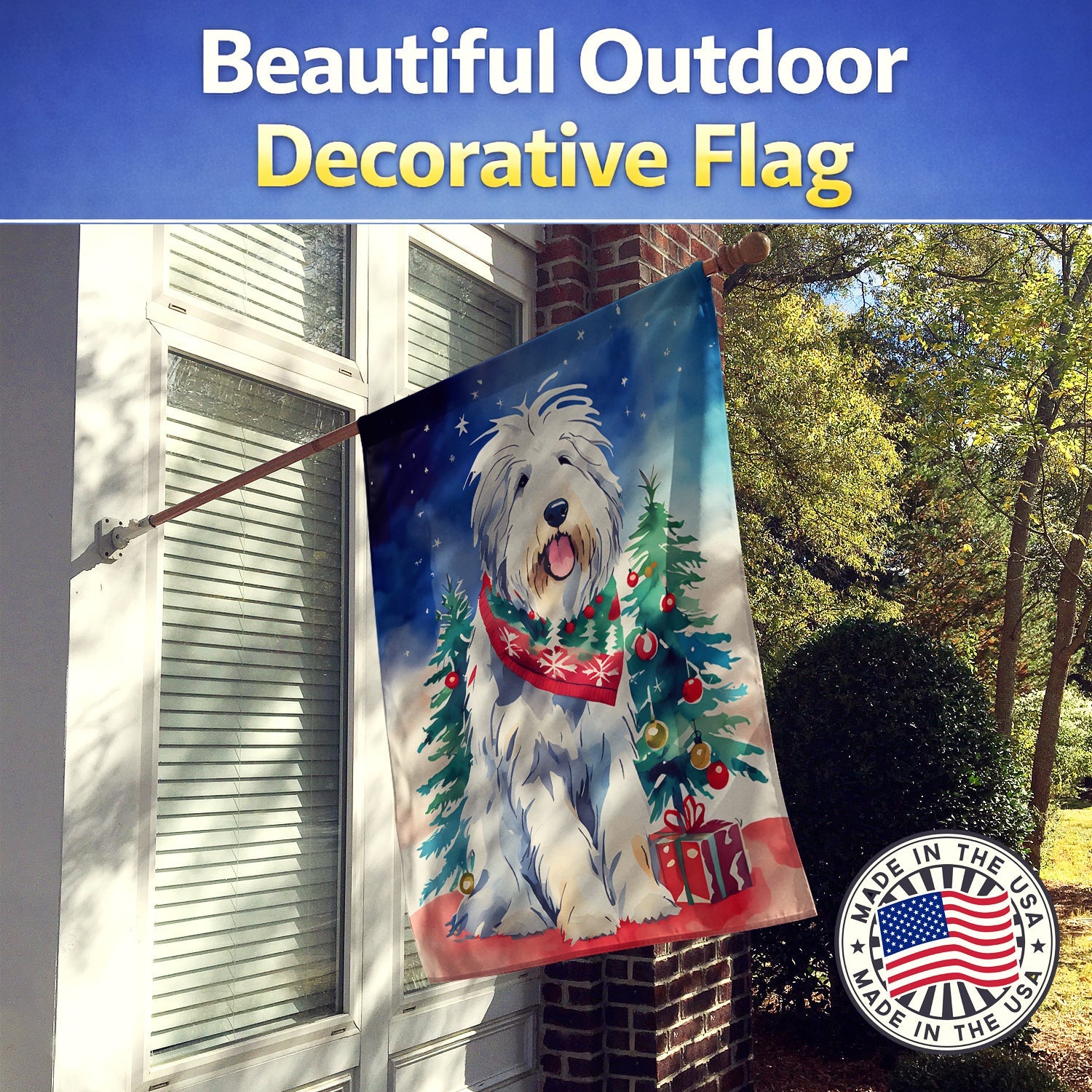 Old English Sheepdog Christmas House Flag 28x40 Porch Sleeve Pole Decorative Outside Yard Banner Artwork Wall Hanging, Polyester