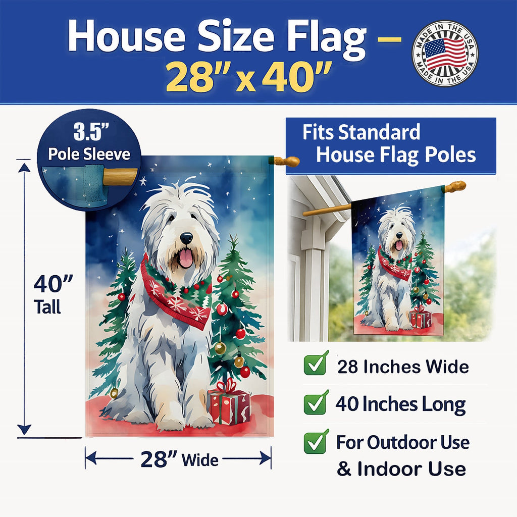 Old English Sheepdog Christmas House Flag 28x40 Porch Sleeve Pole Decorative Outside Yard Banner Artwork Wall Hanging, Polyester
