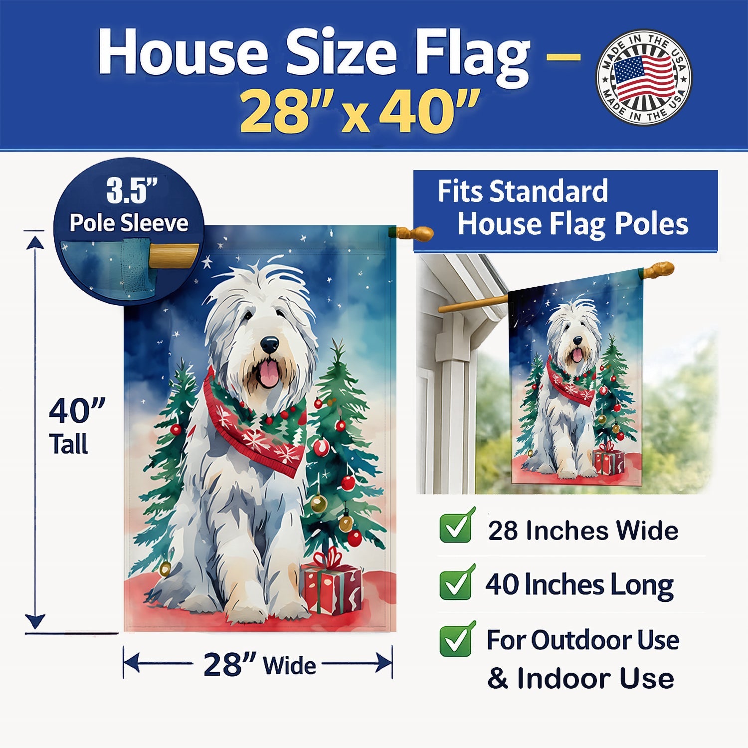 Old English Sheepdog Christmas House Flag 28x40 Porch Sleeve Pole Decorative Outside Yard Banner Artwork Wall Hanging, Polyester