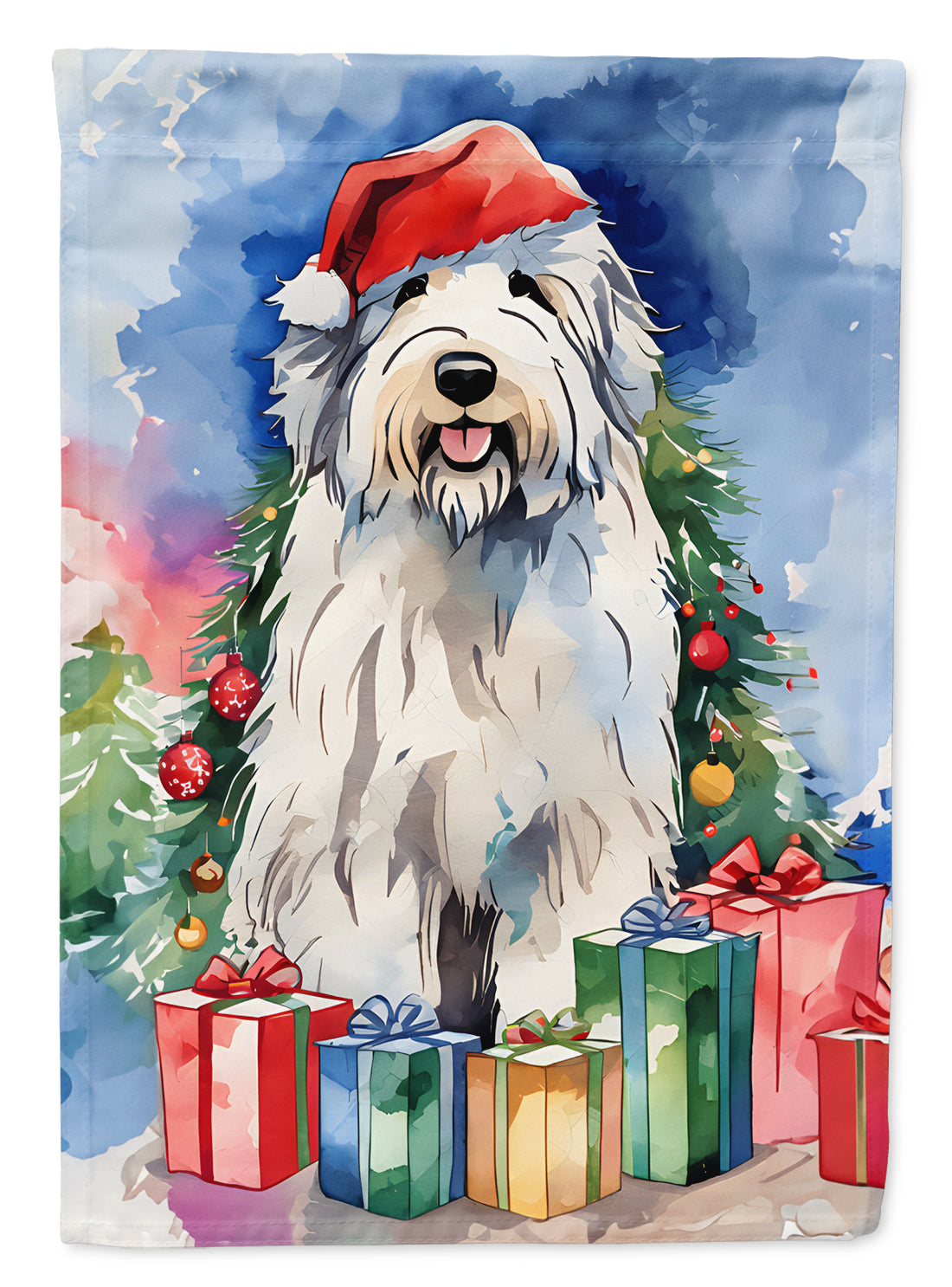 Old English Sheepdog Christmas House Flag 28x40 Porch Sleeve Pole Decorative Outside Yard Banner Artwork Wall Hanging, Polyester