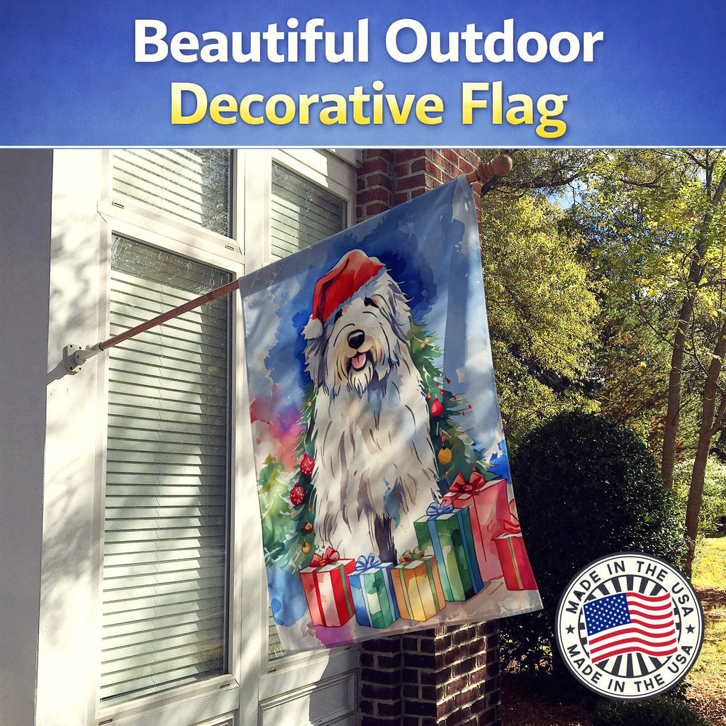 Old English Sheepdog Christmas House Flag 28x40 Porch Sleeve Pole Decorative Outside Yard Banner Artwork Wall Hanging, Polyester