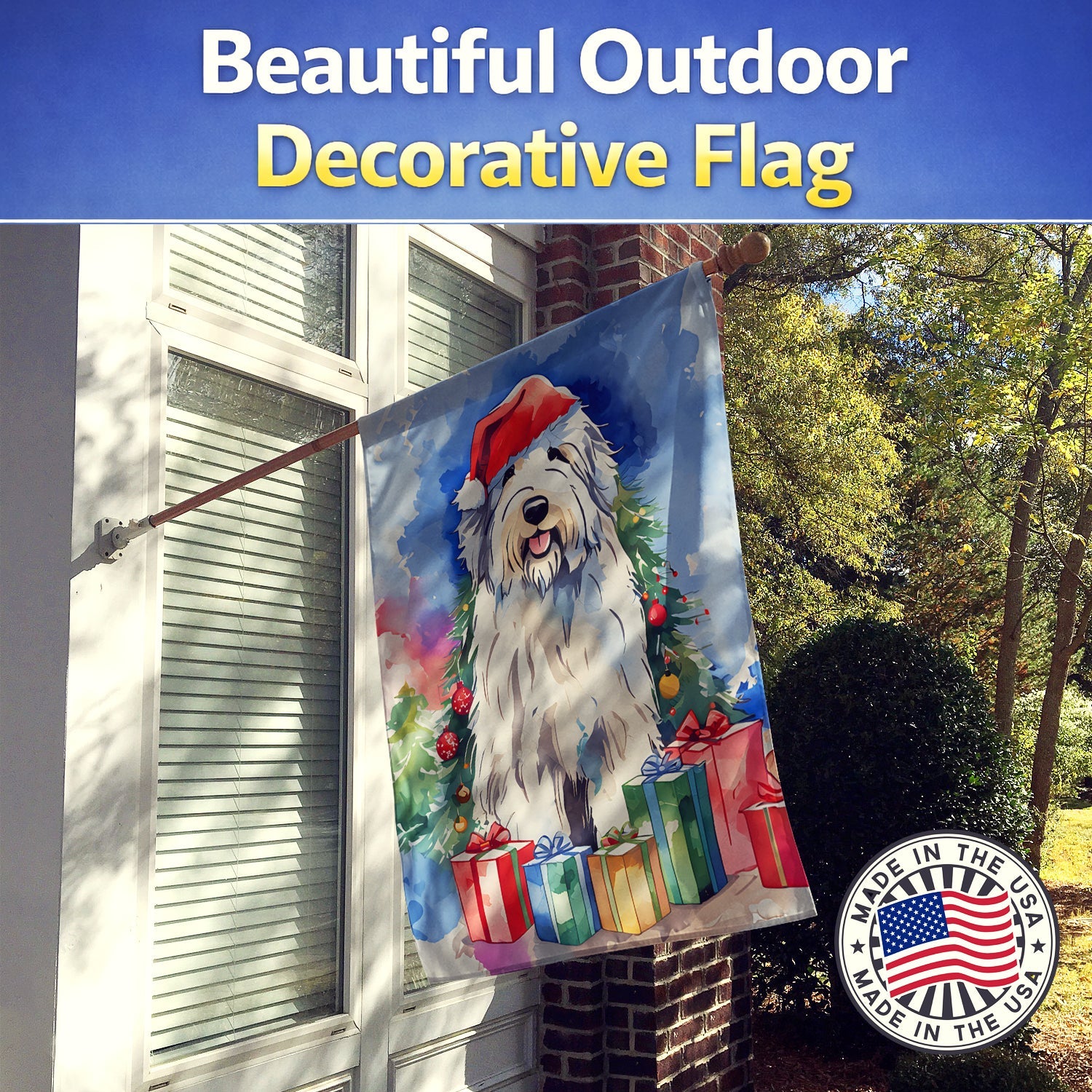 Old English Sheepdog Christmas House Flag 28x40 Porch Sleeve Pole Decorative Outside Yard Banner Artwork Wall Hanging, Polyester