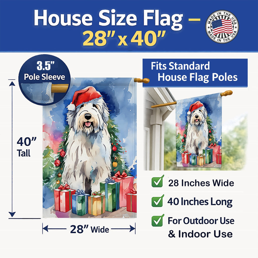 Old English Sheepdog Christmas House Flag 28x40 Porch Sleeve Pole Decorative Outside Yard Banner Artwork Wall Hanging, Polyester