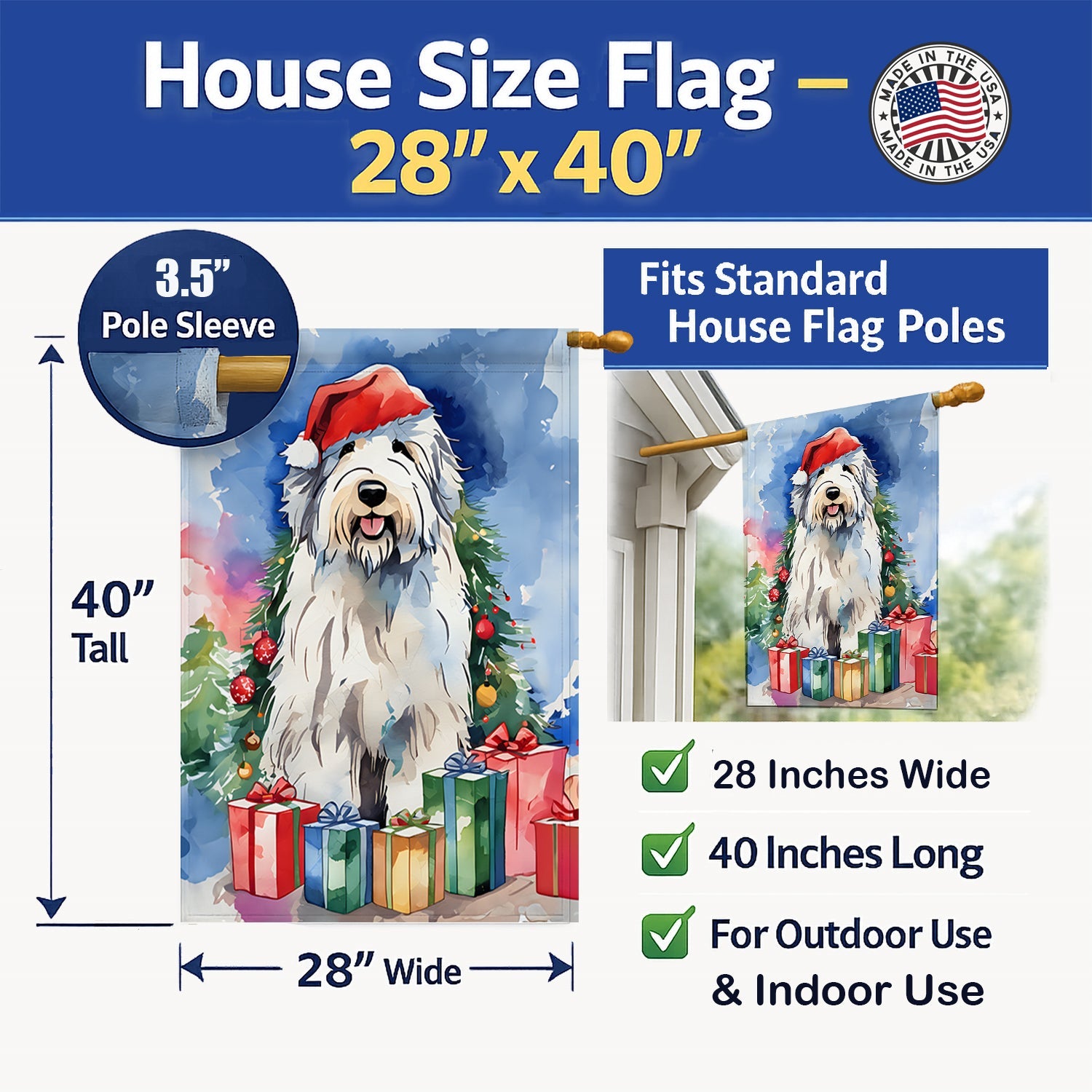 Old English Sheepdog Christmas House Flag 28x40 Porch Sleeve Pole Decorative Outside Yard Banner Artwork Wall Hanging, Polyester