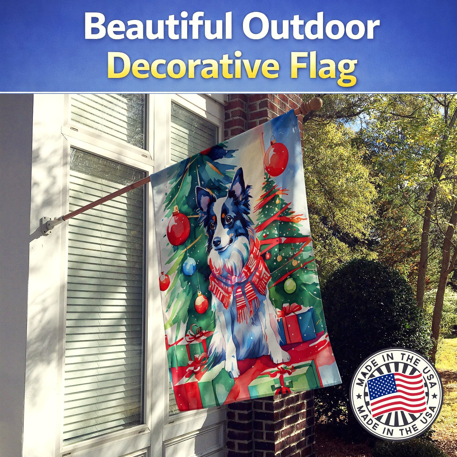 Papillon Christmas House Flag 28x40 Porch Sleeve Pole Decorative Outside Yard Banner Artwork Wall Hanging, Polyester