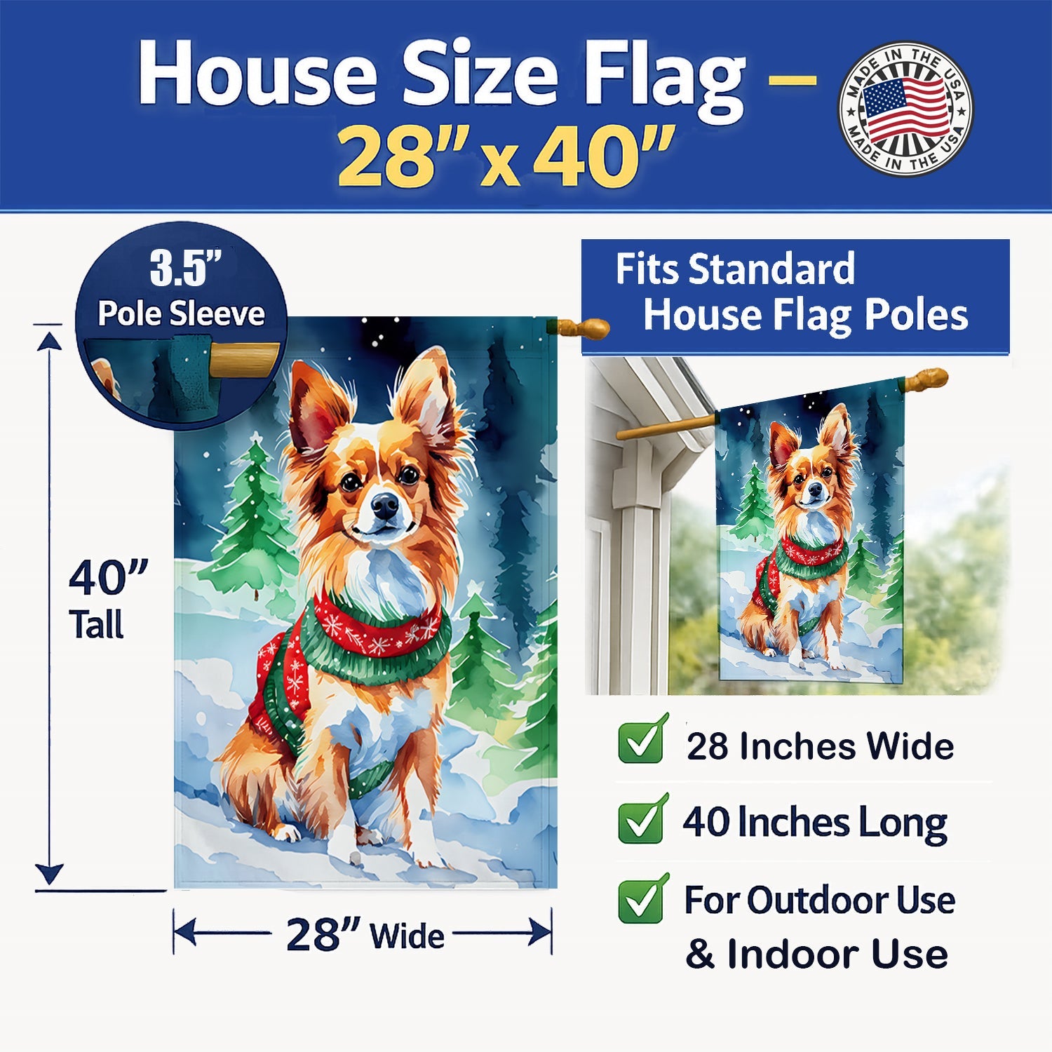 Papillon Christmas House Flag 28x40 Porch Sleeve Pole Decorative Outside Yard Banner Artwork Wall Hanging, Polyester