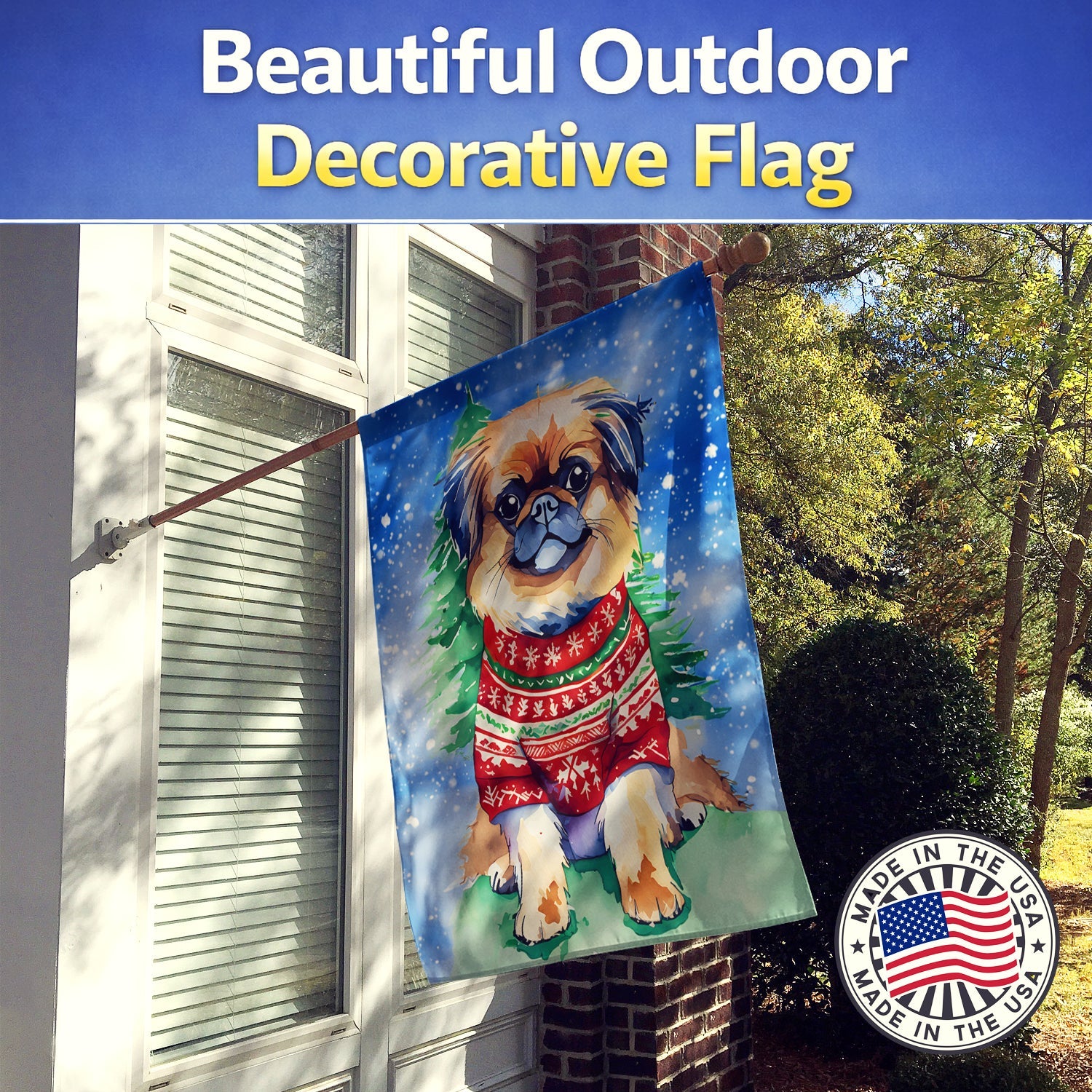 Pekingese Christmas House Flag 28x40 Porch Sleeve Pole Decorative Outside Yard Banner Artwork Wall Hanging, Polyester