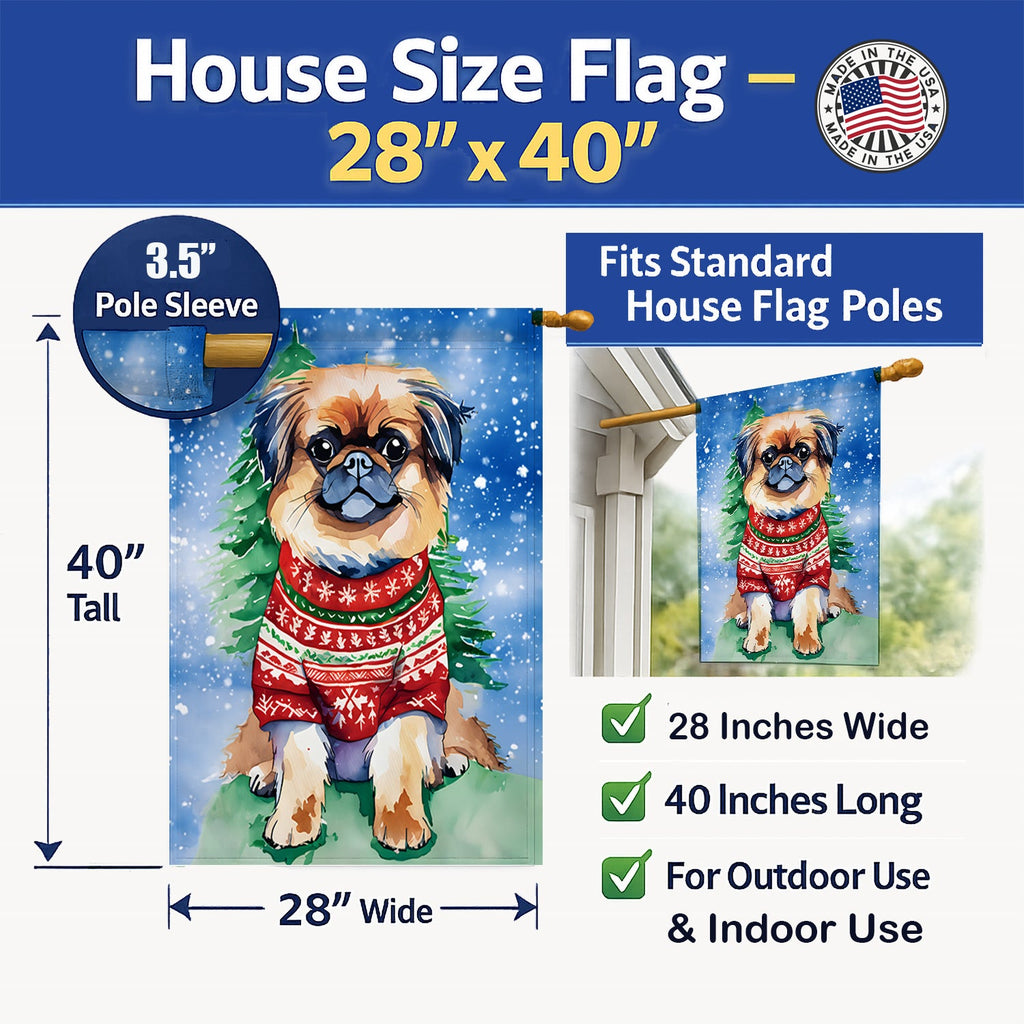 Pekingese Christmas House Flag 28x40 Porch Sleeve Pole Decorative Outside Yard Banner Artwork Wall Hanging, Polyester