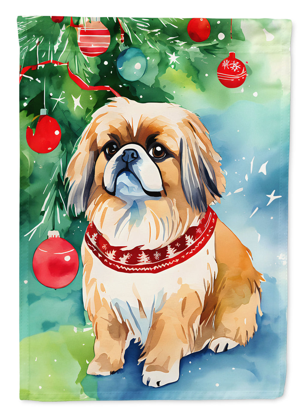 Pekingese Christmas House Flag 28x40 Porch Sleeve Pole Decorative Outside Yard Banner Artwork Wall Hanging, Polyester