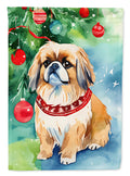 Pekingese Christmas House Flag 28x40 Porch Sleeve Pole Decorative Outside Yard Banner Artwork Wall Hanging, Polyester