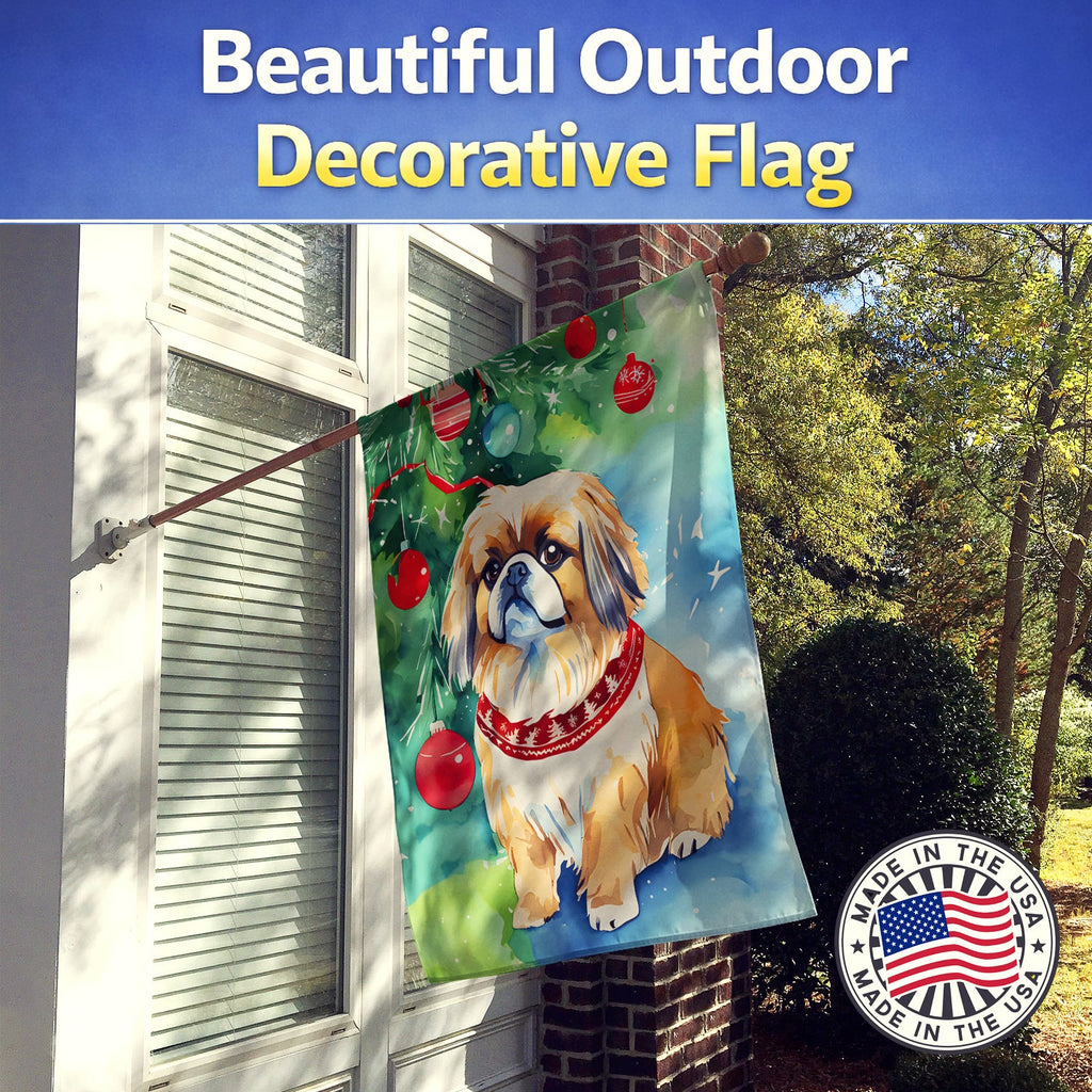 Pekingese Christmas House Flag 28x40 Porch Sleeve Pole Decorative Outside Yard Banner Artwork Wall Hanging, Polyester