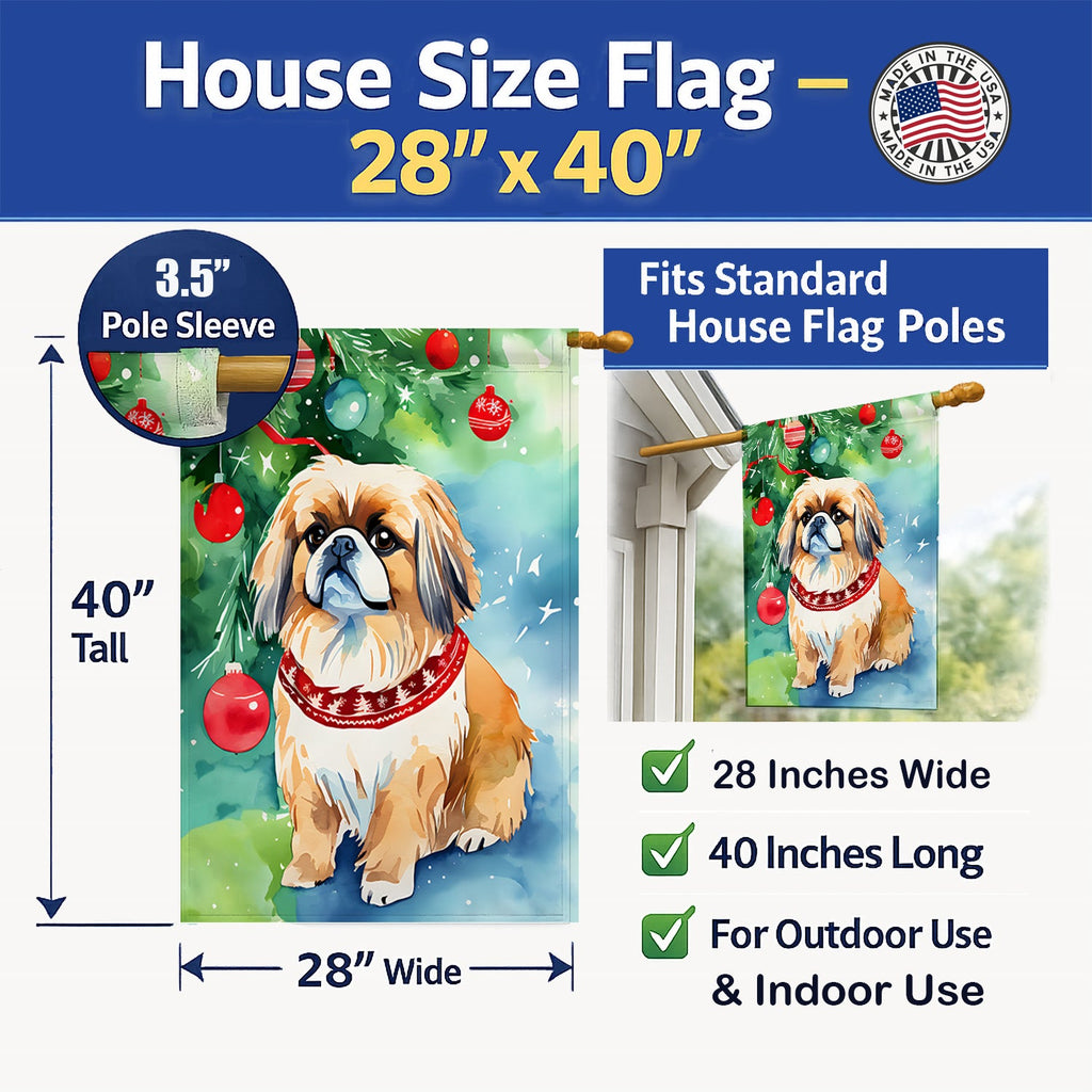 Pekingese Christmas House Flag 28x40 Porch Sleeve Pole Decorative Outside Yard Banner Artwork Wall Hanging, Polyester