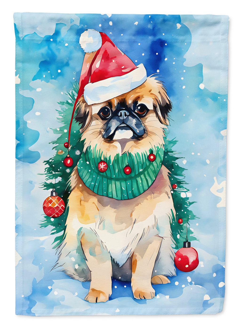Pekingese Christmas House Flag 28x40 Porch Sleeve Pole Decorative Outside Yard Banner Artwork Wall Hanging, Polyester