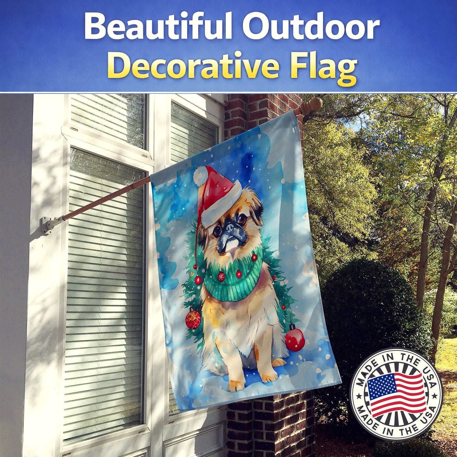 Pekingese Christmas House Flag 28x40 Porch Sleeve Pole Decorative Outside Yard Banner Artwork Wall Hanging, Polyester