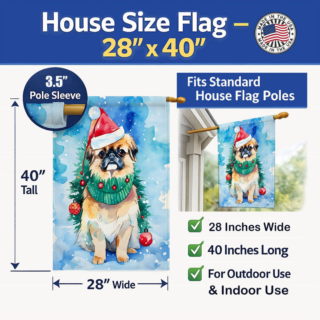 Pekingese Christmas House Flag 28x40 Porch Sleeve Pole Decorative Outside Yard Banner Artwork Wall Hanging, Polyester