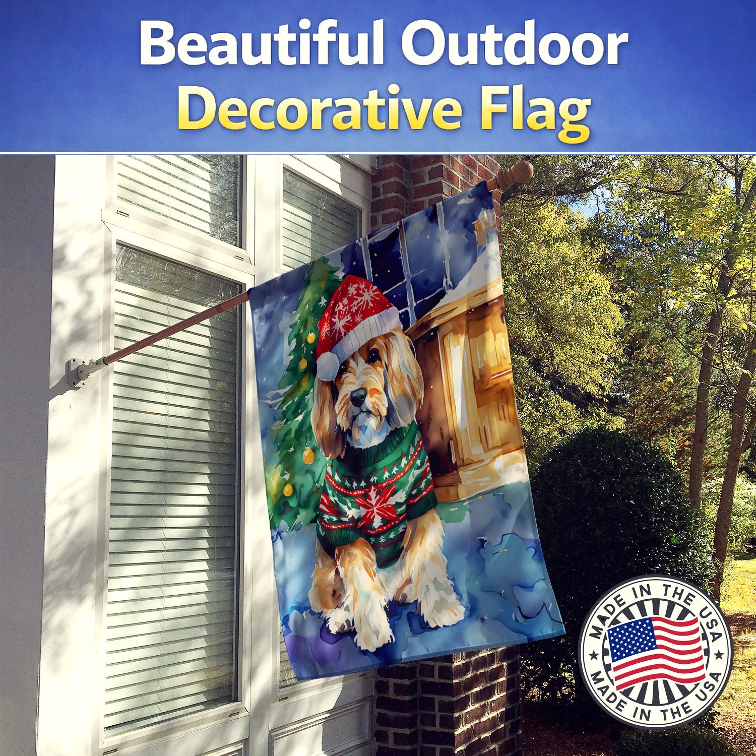 Petit Basset Griffon Vendeen Christmas House Flag 28x40 Porch Sleeve Pole Decorative Outside Yard Banner Artwork Wall Hanging, Polyester