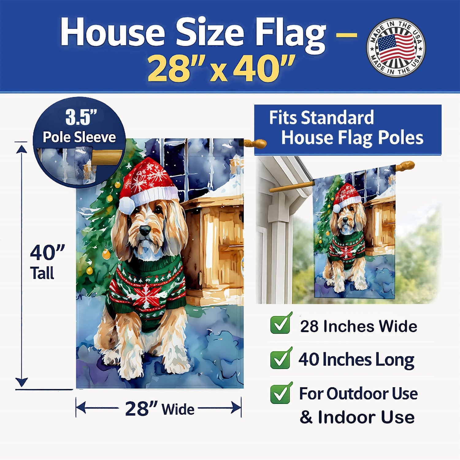 Petit Basset Griffon Vendeen Christmas House Flag 28x40 Porch Sleeve Pole Decorative Outside Yard Banner Artwork Wall Hanging, Polyester