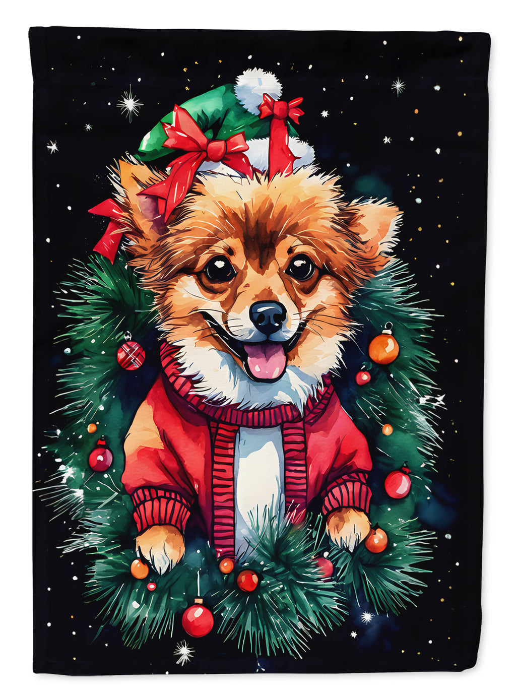 Pomeranian Christmas House Flag 28x40 Porch Sleeve Pole Decorative Outside Yard Banner Artwork Wall Hanging, Polyester