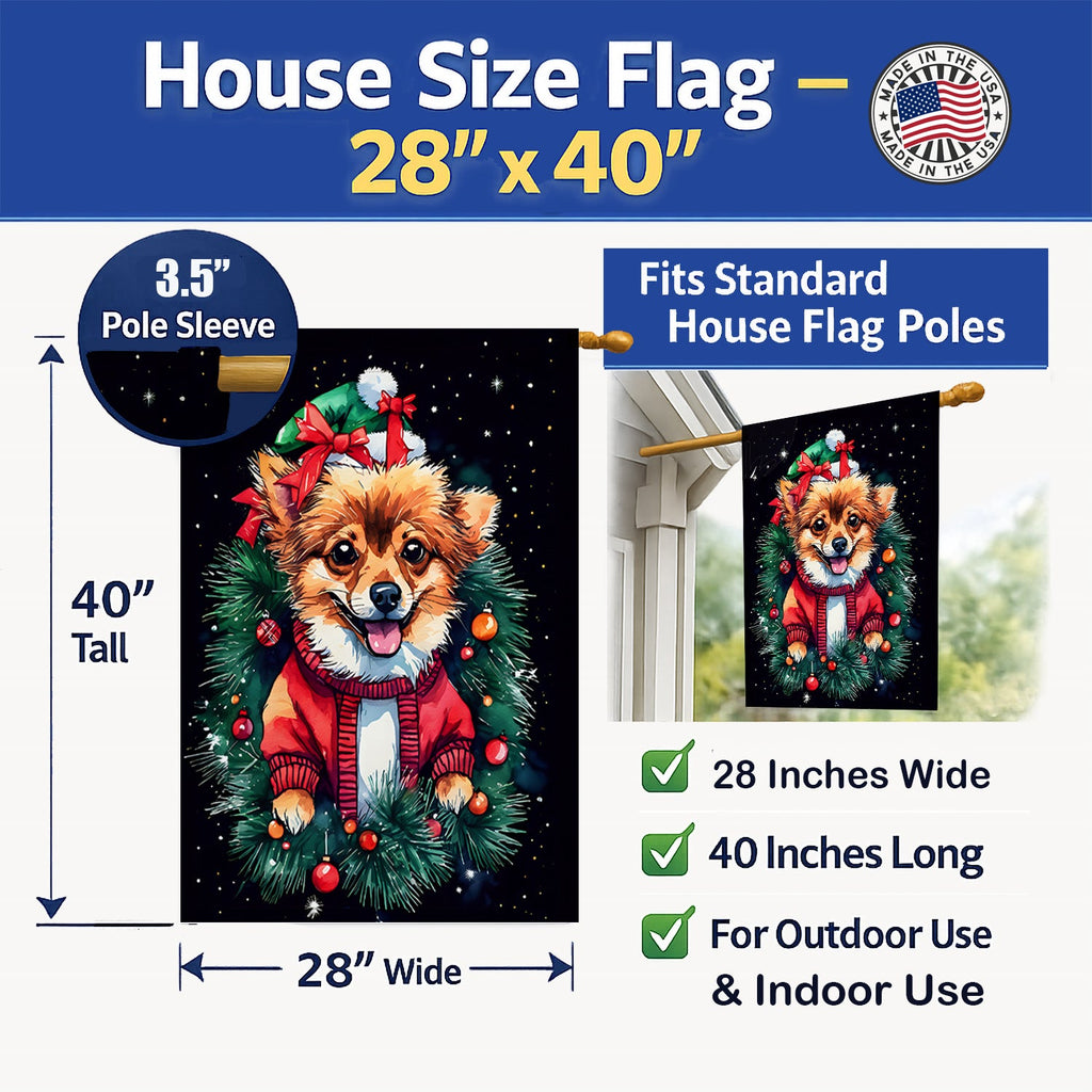 Pomeranian Christmas House Flag 28x40 Porch Sleeve Pole Decorative Outside Yard Banner Artwork Wall Hanging, Polyester