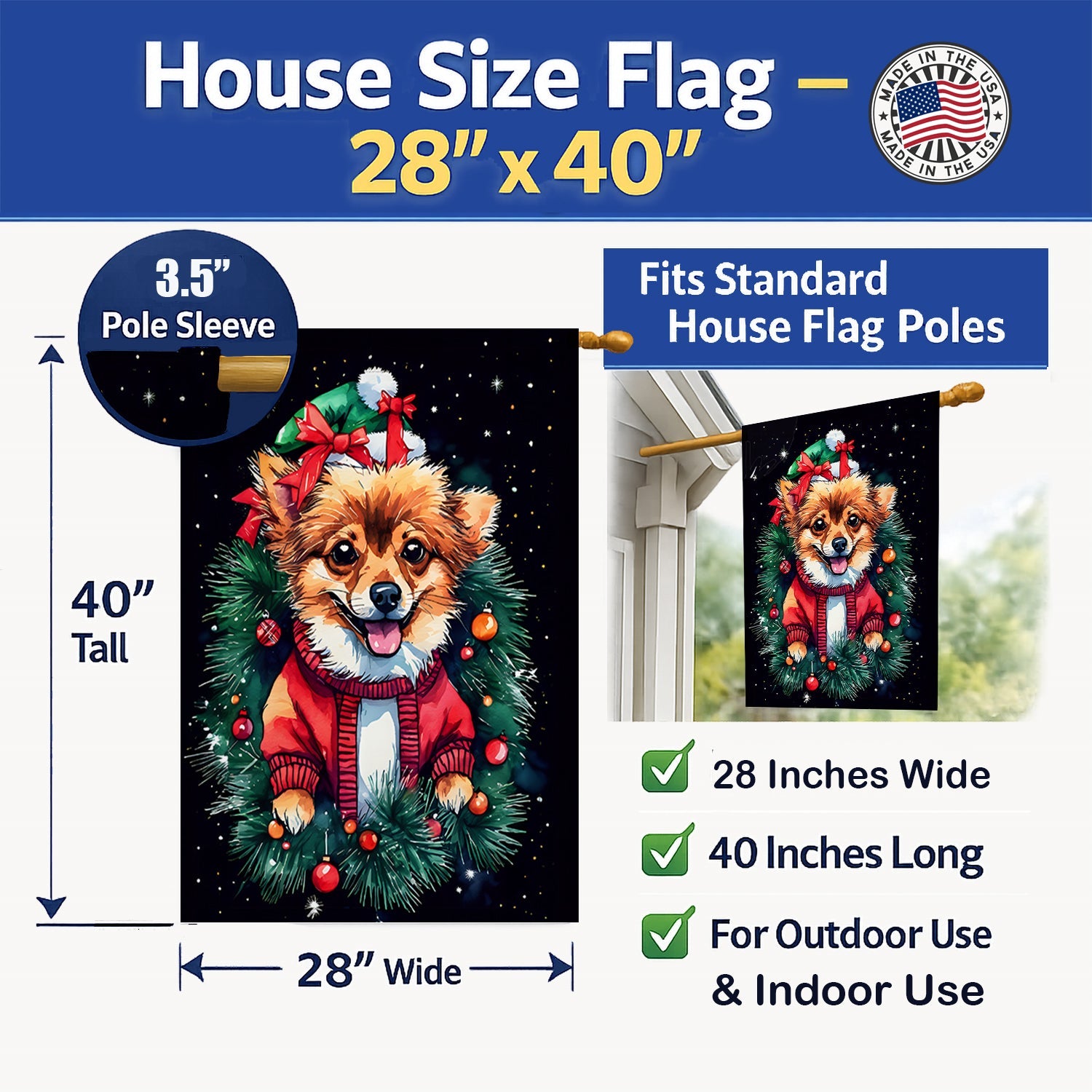 Pomeranian Christmas House Flag 28x40 Porch Sleeve Pole Decorative Outside Yard Banner Artwork Wall Hanging, Polyester