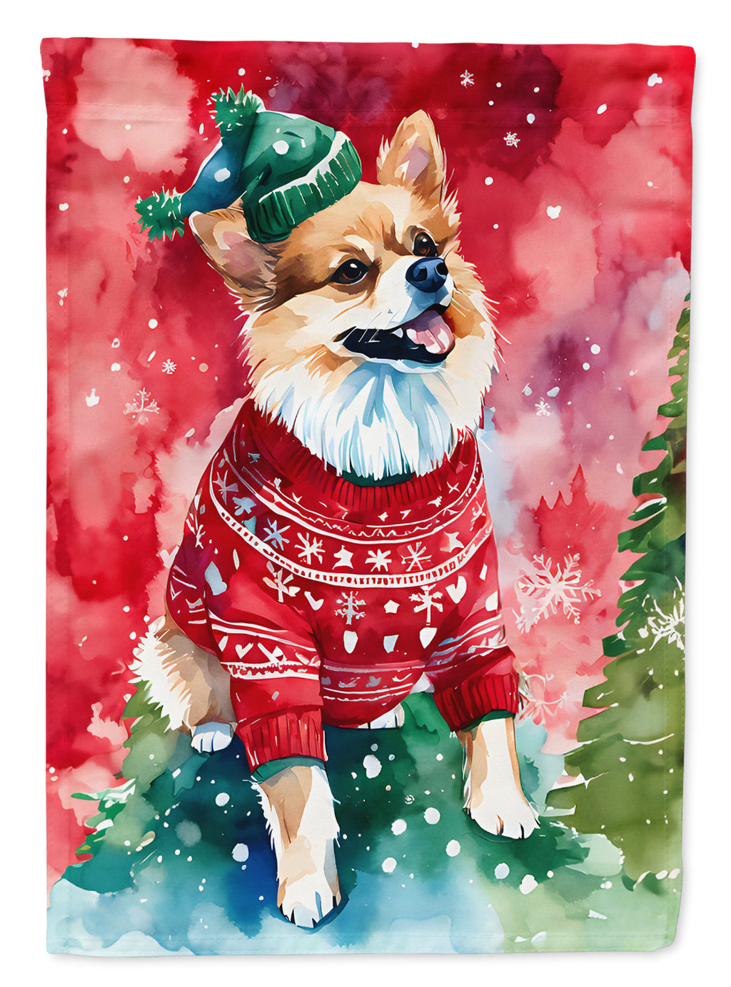 Pomeranian Christmas House Flag 28x40 Porch Sleeve Pole Decorative Outside Yard Banner Artwork Wall Hanging, Polyester