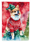 Pomeranian Christmas House Flag 28x40 Porch Sleeve Pole Decorative Outside Yard Banner Artwork Wall Hanging, Polyester