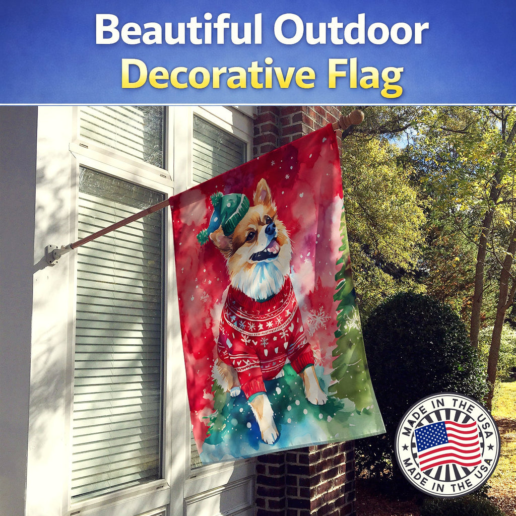 Pomeranian Christmas House Flag 28x40 Porch Sleeve Pole Decorative Outside Yard Banner Artwork Wall Hanging, Polyester