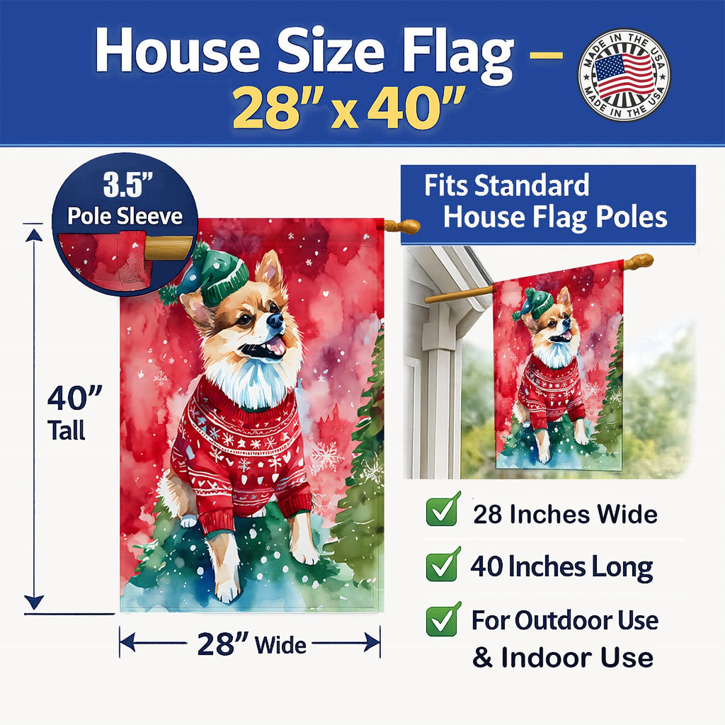 Pomeranian Christmas House Flag 28x40 Porch Sleeve Pole Decorative Outside Yard Banner Artwork Wall Hanging, Polyester