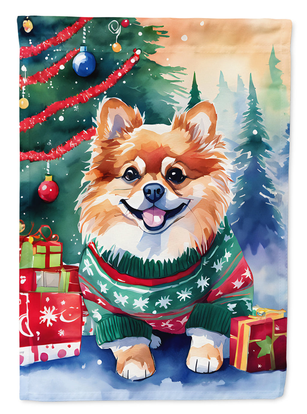 Pomeranian Christmas House Flag 28x40 Porch Sleeve Pole Decorative Outside Yard Banner Artwork Wall Hanging, Polyester
